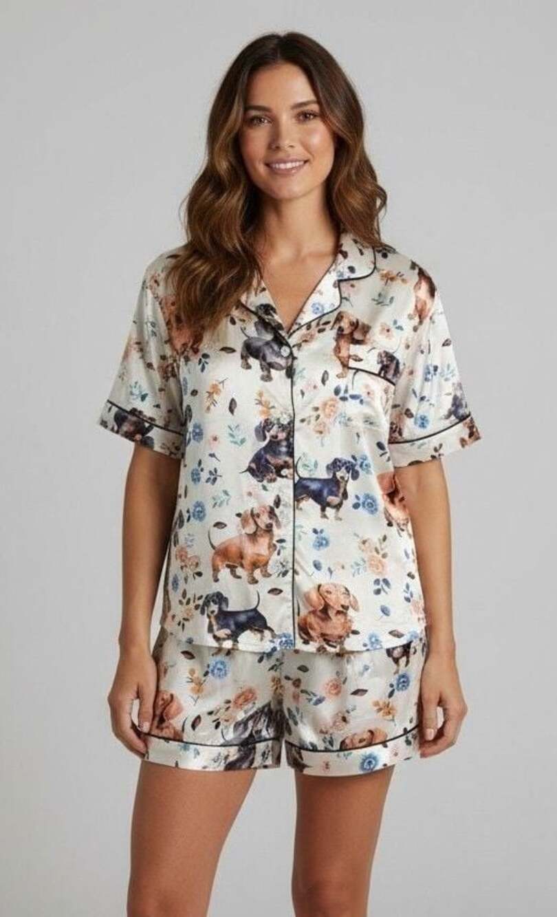 Women's 2-Piece Dachshund Dog & Floral Print Short Sleeve Pajama Set Size 2XL